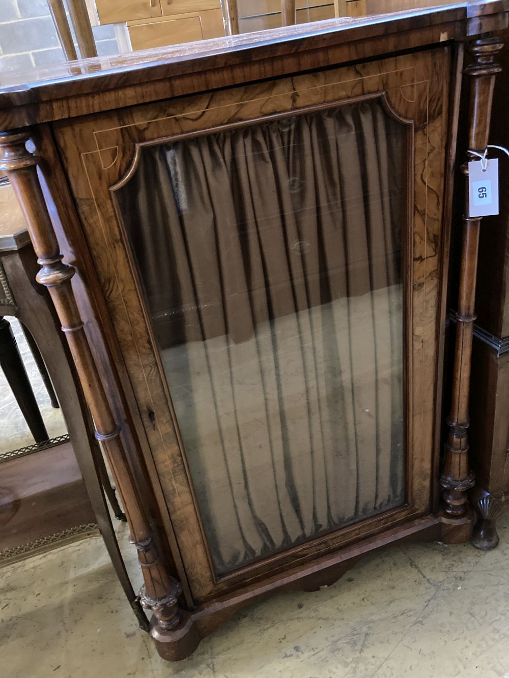 A Victorian marquetry inlaid figured walnut music cabinet, width 63cm, depth 42cm, height 84cm